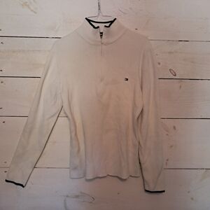 Tommy Hilfiger 1/2 Zip White/Ivory Cotton Knit Sweater Half Zip Mock Neck